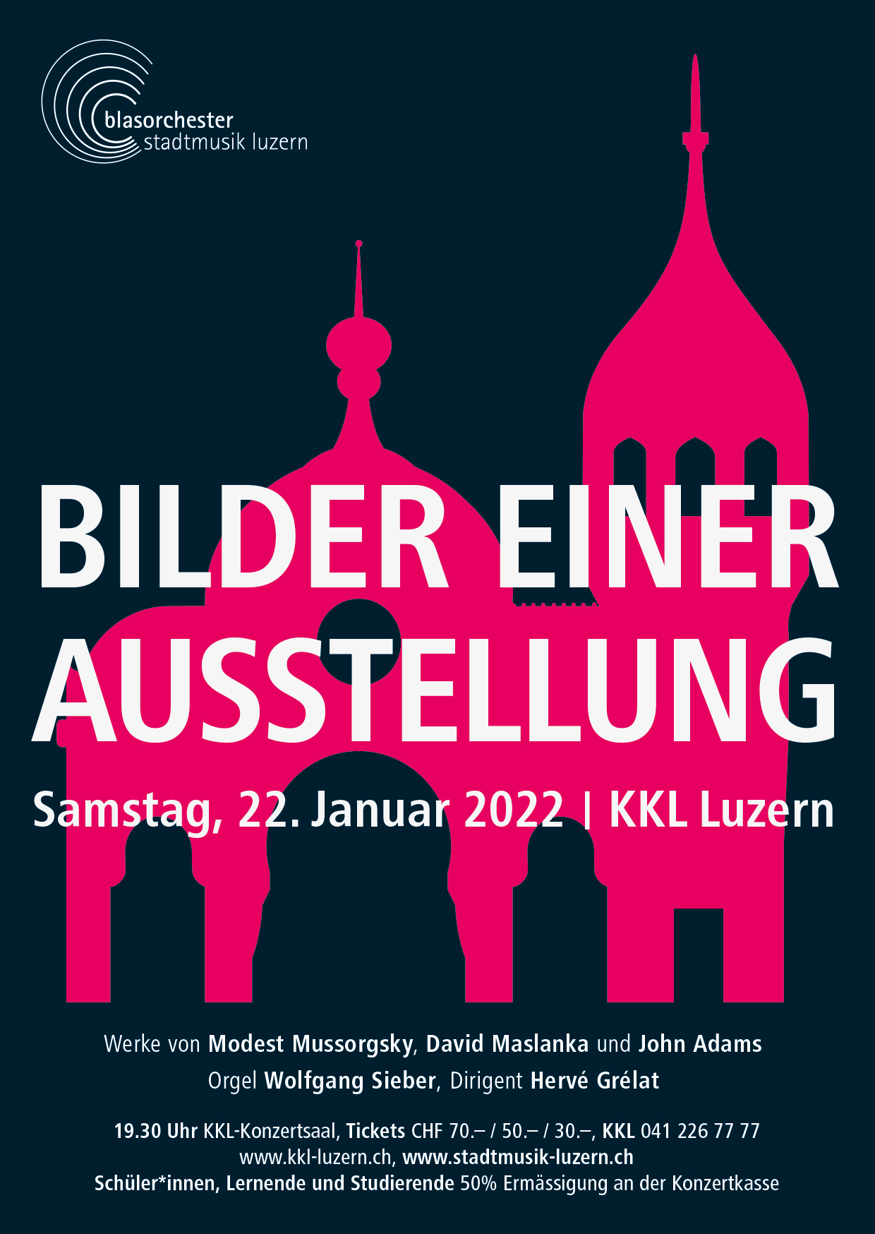 Poster vom Blasorchester Stadtmusik Luzern Thema Bilder einer Ausstellung